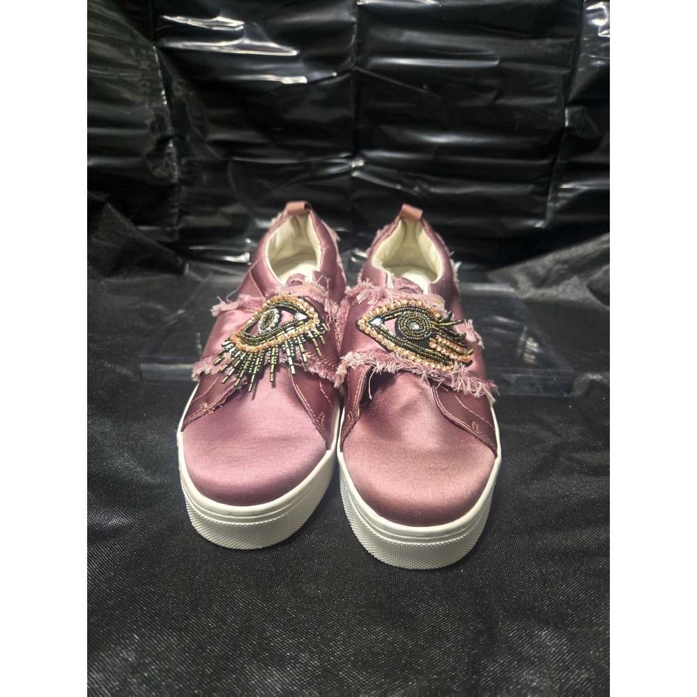 Sam Edelman Mauve Satin Beaded Evil Eye Frayed Platform Slip On Sneakers